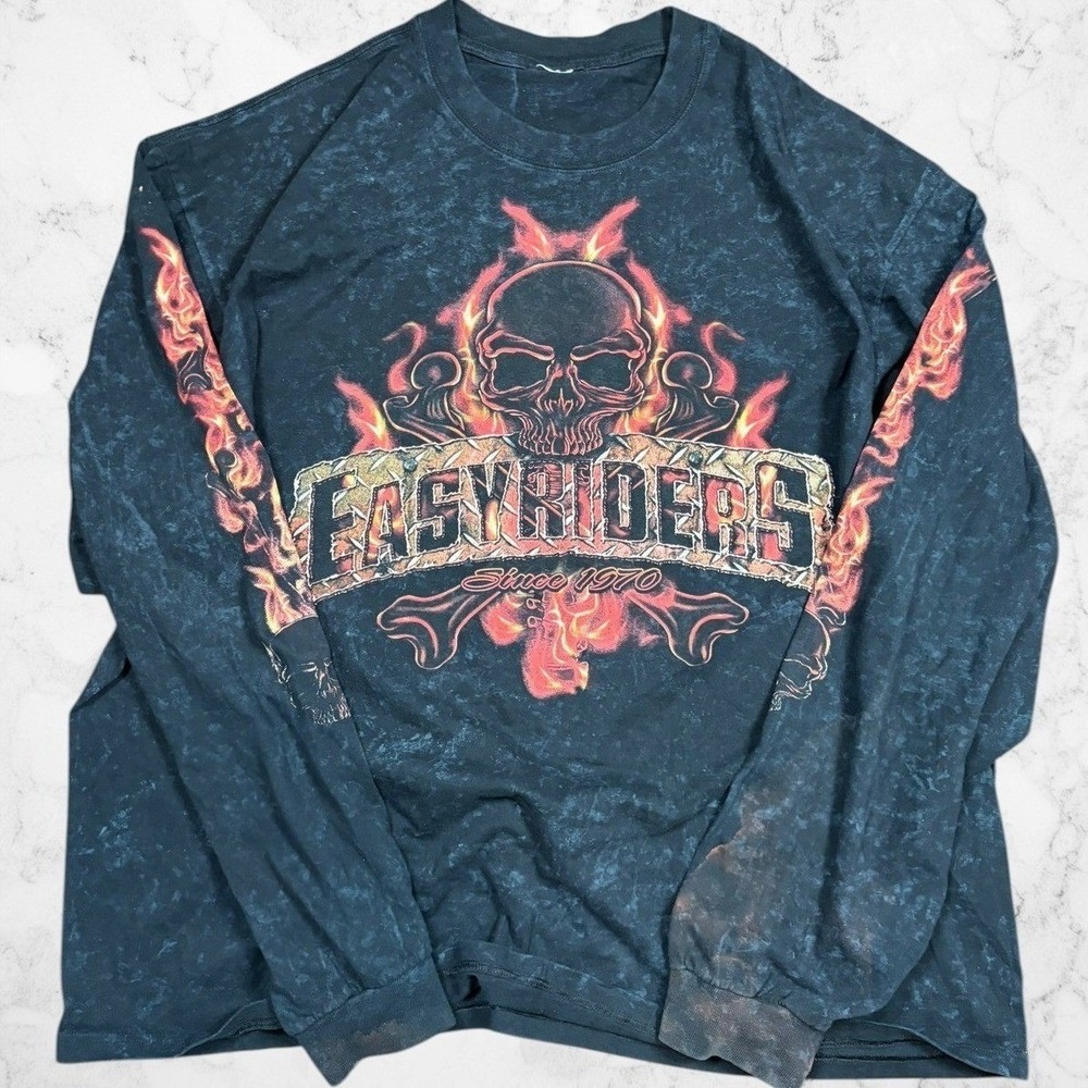 Easyriders‎ Rodeo Tour 2009 Long Sleeve Shirt Skull Flame Acid Wash Mens XL